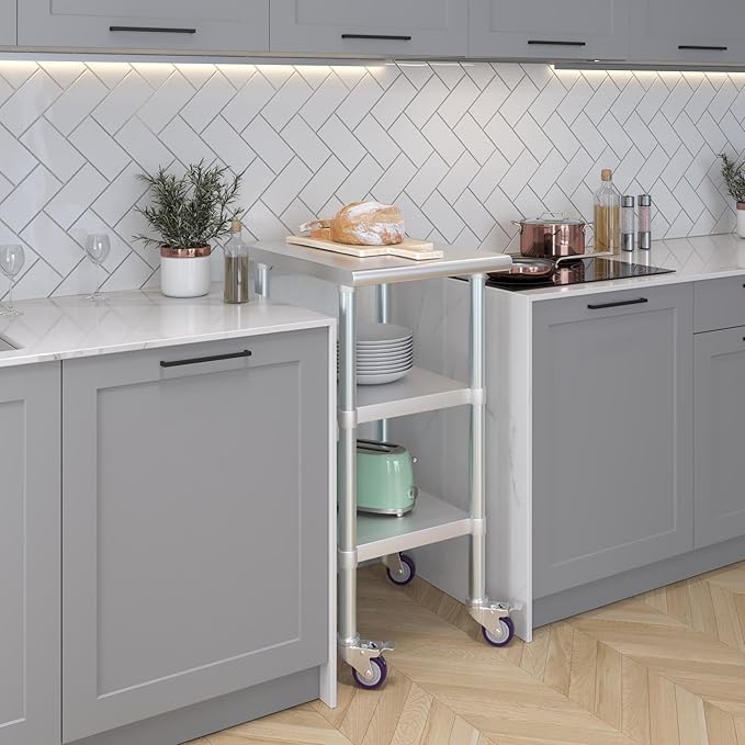 AmGood Stainless Steel Work Table with 2 Shelves and Casters | Metal Utility Table On Wheels (Stainless Steel Work Table with 2 Shelves + Casters, 18" Long x 24" Deep)