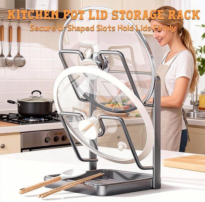 Kitchen Pot Lid Storage Rack, Pot Lid Holder With Tray, Pot Lid Organizer, Lid Holder While Cooking, Lid And Spoon Rest, Multifunctional Kitchen Organizer Stand for Stove Top (Gray,Double-layer)
