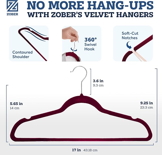 Zober Burgundy Velvet Hangers 50 Pack, Slim Non Slip Clothes Hangers | Slim - Image 3