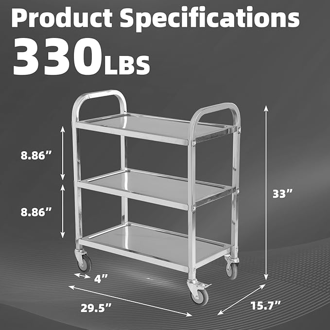 Stainless Steel Cart on Wheels,3-Tier Stainless Steel Utility Cart for Kitchen, Tool Room, Workshop, Salon & BBQ Snack Station - 29.5" D*15.7W*33H with with 360° Wheels (2 Locking)