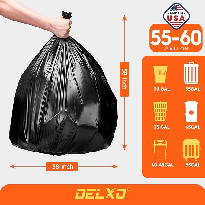 Delxo 55-60 Gallon Trash Bags, 38×58' Large Black Garbage Bags | 0.9 Mil Trash - Image 2
