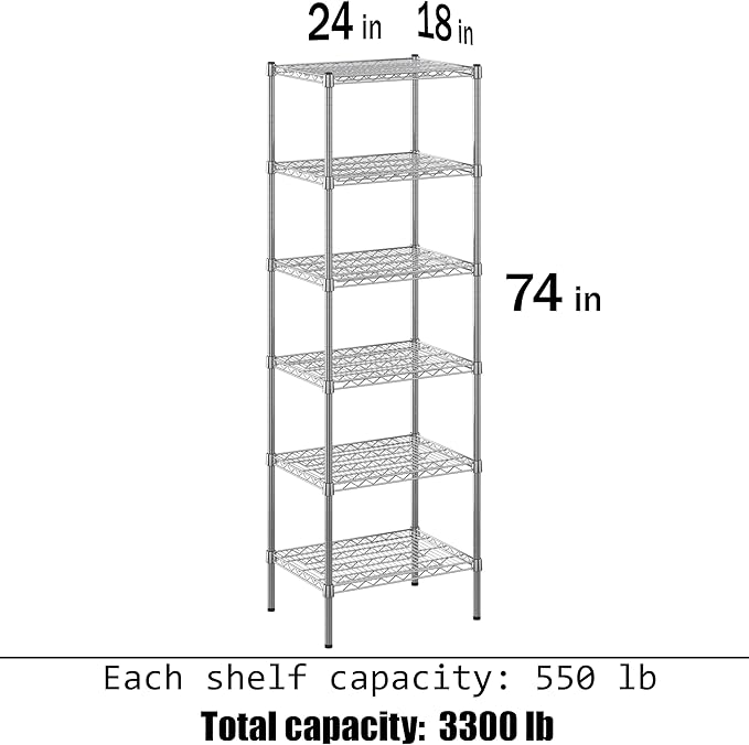 18" Deep x 24" Wide x 74" Height Wire Shelving Kit | 6-Tier | NSF Commercial Storage Rack Unit