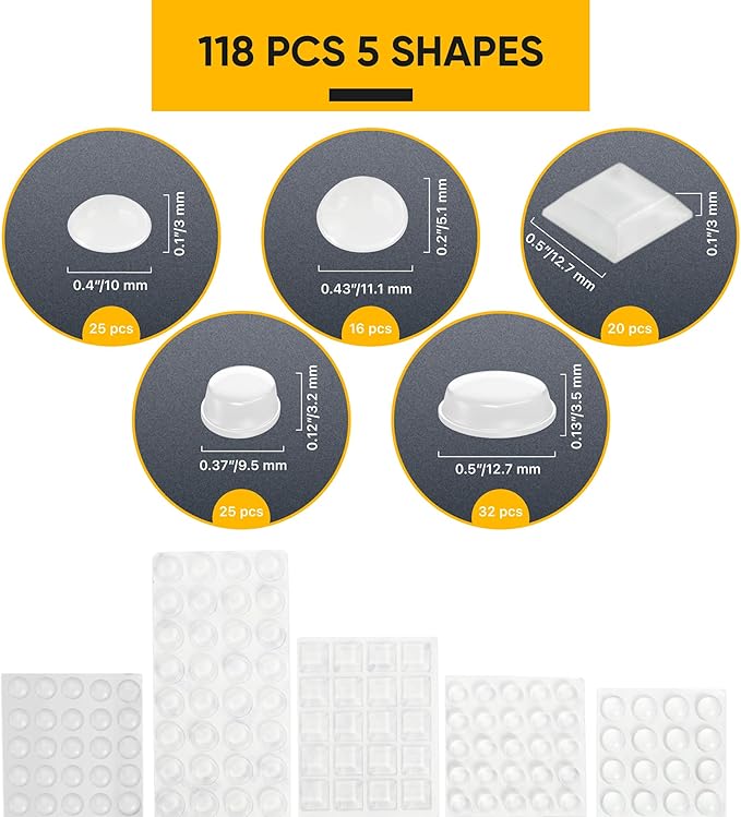 118 Clear Cabinet Bumper Pads – Self-Adhesive Silicone Set with 5 Shapes for Doors, Drawers & Furniture – Sound Dampening Pads for Surface Protection