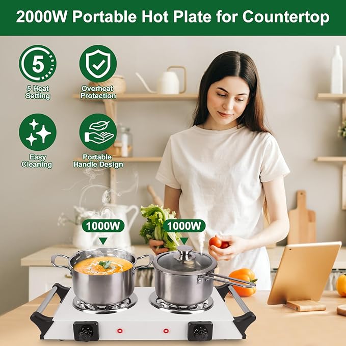 2000W Double Burner Electric, Portable Hot Plate for Cooking, Cooking Stove with 5 Temperature Adjustments, Countertop Burner Cooktop for Kitchen, Dorm (2Burner_White, 21x10x4")
