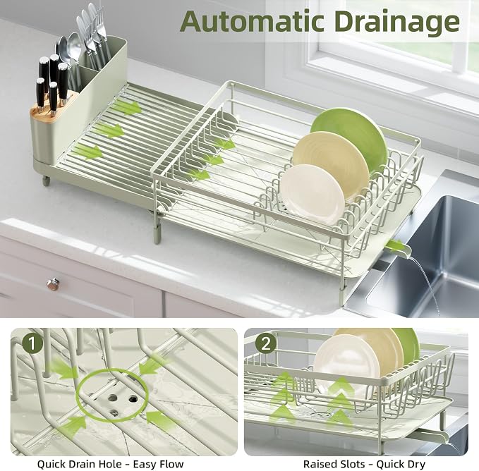 Urackify Extendable Dish Rack, 18.5"-26.7" L x 12.7" W, Soft Celery Green | - Image 4