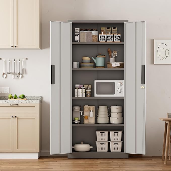 Crownland 63" Metal Storage Cabinet, Lockable Garage Storage Cabinets, High Office Cabinet with Adjustable Shelves for Garage, Home Office, Pantry, File(Grey & Light Grey)