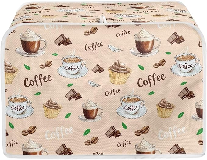 Coffee Print Toaster Cover - 2 Slice Retro Bread Maker Protector Oven Dust Cover for Small Kitchen Appliances Anti Fingerprint