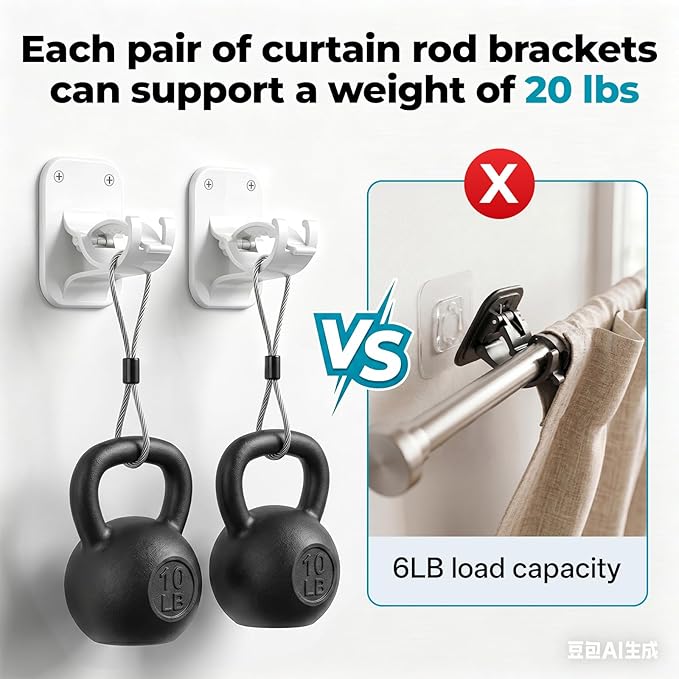 No Drill Curtain Rod Brackets-20LB, 6 Pack Self Adhesive Curtain Rod Holder | - Image 3