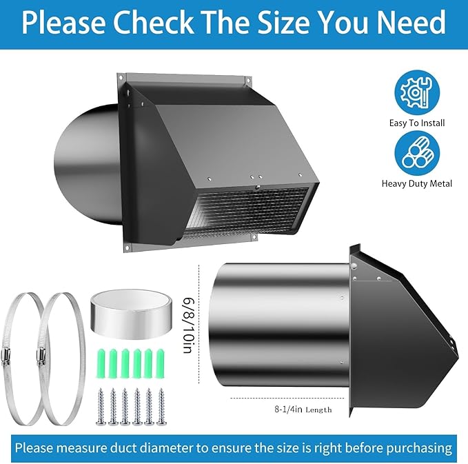 10 Inch Hooded Wall Vent with Screen and Damper,Wall Exhaust Vent Cover Cap,Dryer Vent Cover Outside,External Extractor Wall Vent Hood for House Kitchen Range Hood Air Ventilation Black