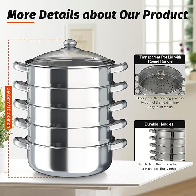 5 Tier Stainless Steel Steamer Cooker, 30cm Steam Pot Kitchen Food Cooking + Glass Lid Meat Vegetable Cooking Steam Pot Kitchen Cookware Food Steamer for Home Kitchen