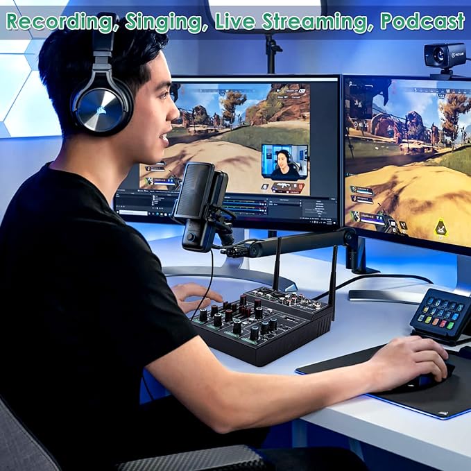 Pro 5 Channel Audio Mixer Mic Set for Live Streaming, Family Karaoke, Studio Recording, Bluetooth Dual Wireless Microphone System with USB Interface & 48V Phantom Power