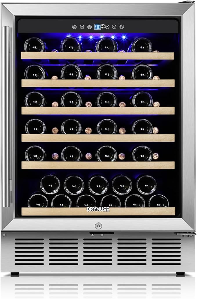 24 Inch Wine Fridge, 54 Bottle Wine Cooler Refrigerator with Stainless Steel Glass Door, LED Display, Upgraded Compressor, Built-In or Freestanding for Home Bar Kitchen