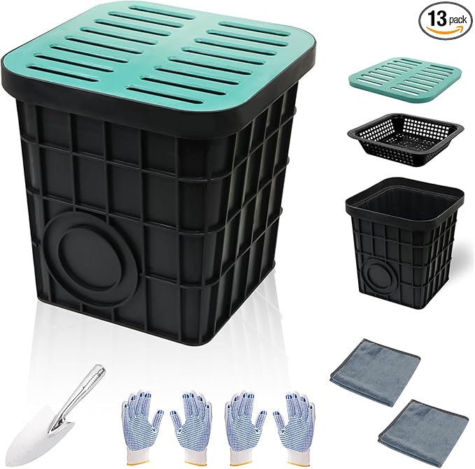 Catch Basin for Drainage 16x16x16.5 Inch Large Drainage Basin with Grate & Debris Basket, French Drain Kit Without Reserved Hole for Yard, Downspout, Lawn, Municipal Pipeline
