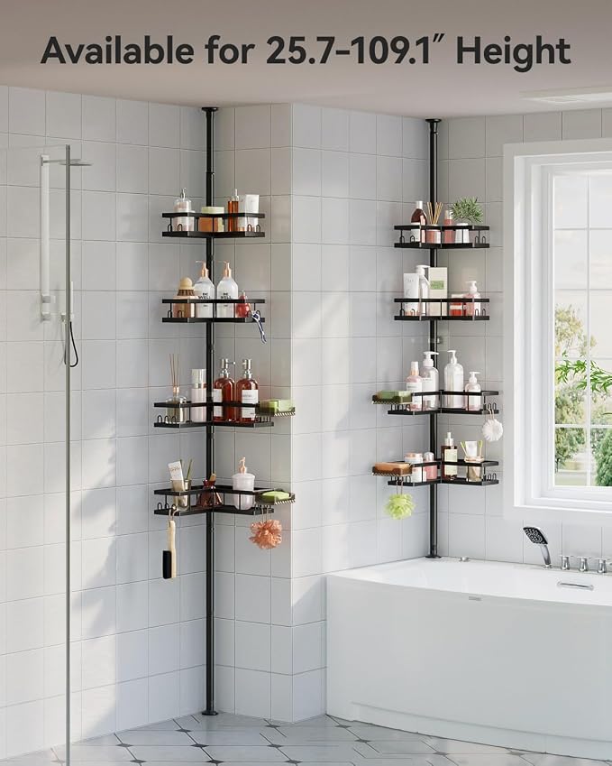 YASONIC Corner Shower Caddy Tension Pole, 25.7-109.1in Adjustable Shower Shelves - Image 2