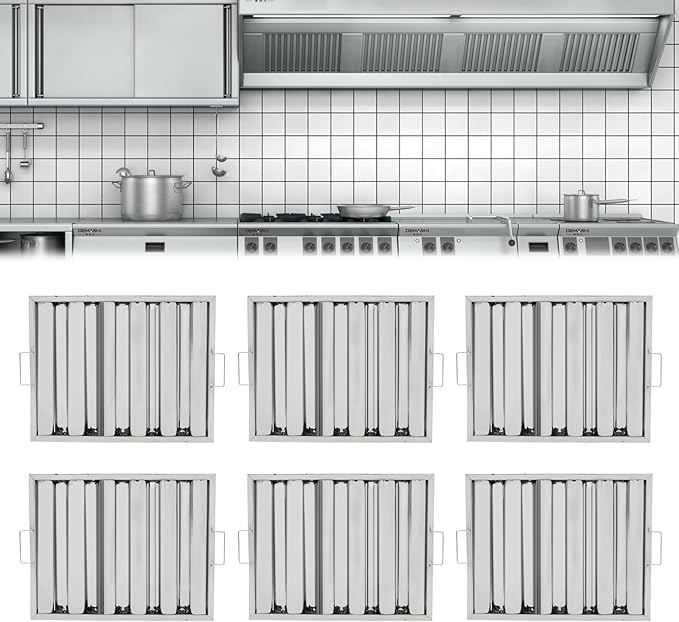 Pack of 6 Range Hood Filter, 19.5" W x 15.5" H 430 Stainless Steel Exhaust Range Hood Filter Commercial 5 Grooves Stove Hood Vent Filter Replacement for Kitchen Restaurants Silver