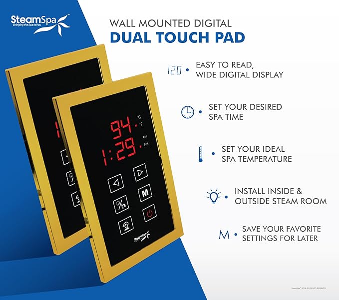 SteamSpa Executive 4.5 KW QuickStart ACU-Steam Bath Generator Package with Built-in Auto Drain and Install Kit in Polished Gold,Steam Generator Kit with Dual Control Panel Steamhead 240V EXT450GD-A