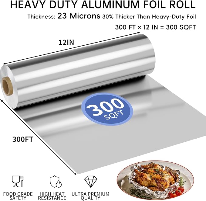 23 Micron Heavy Duty Aluminum Foil Roll 12 In x 300 SqFt, Tin Foil Wrap | - Image 3