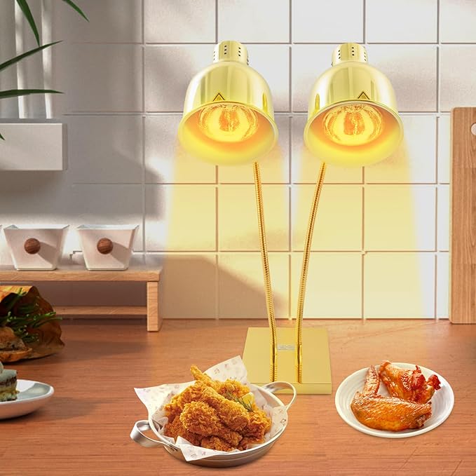 Food Heat Lamp Warmer Gold, 500W Double Bulbs Buffet Display Heating Preservation Light, Lighting for Food Buffet, Electric Portable Infrared Heating Lamp with 360°Adjustable Head (Gold)