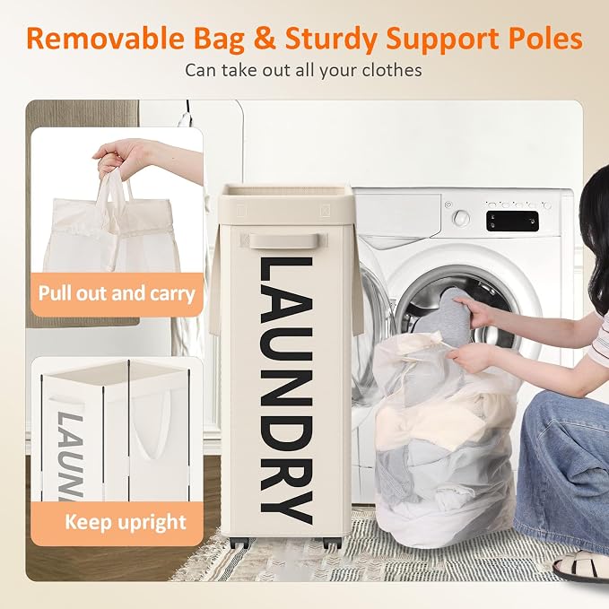 Optish 90L Laundry Basket with Wheels, Rolling Hamper with Removable Bag - Image 5