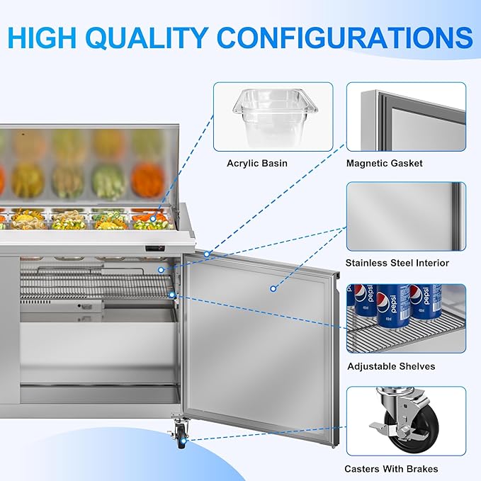 60" W Commercial Refrigerator Sandwich Salad Prep Table, 17.8 Cu.ft 2 Door Commercial Stainless Steel Mega Top Food Prep Fridge with 24 Pans, Salad Prep Station for Restaurant, Bar, Shop