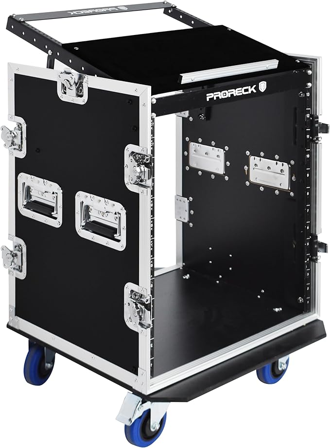 PRORECK 14U Rack/Road Case With Slant Mixer Top, And Casters, 20'' Rackable Depth, Plywood, 14U Installation Size, Pro Stage Performance.
