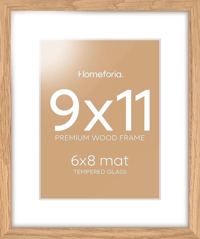 Homeforia 9x11 Picture Frame Wood, High End Natural Oak 9 x 11 Light Wooden Frames with Mat 6 by 8 in Photo, 9by11 Frame Matted to 6x8 Print, Wall or Tabletop Frame, Tempered Glass, Wall Kit, Set of 1