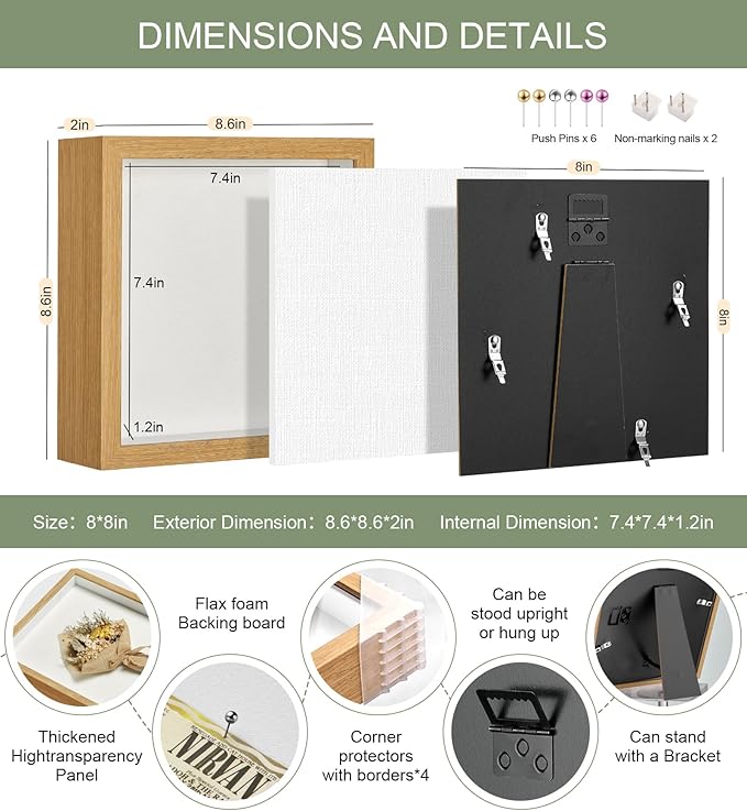 8x8 Shadow Box Display Case Picture Frame with Soft Linen Back,Large Wood Color Shadow Box 8x8 for Flowers Medal Display Case Jersey pet Graduation Memorabilia Baby Ltems Crafts Photos