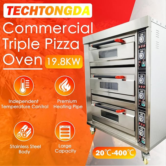TECHTONGDA Commercial Convection Oven Stainless Steel Electric Triple Deck Pizza Oven with Universal Wheels Three-phase 208V 19800Watt for Restaurant Kitchen Bakery