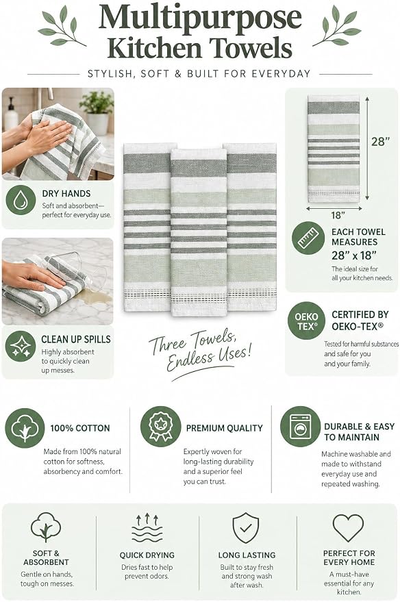 Serafina Home Green White Kitchen Hand Dish Towels: Oversized 28" x 16" - Image 6