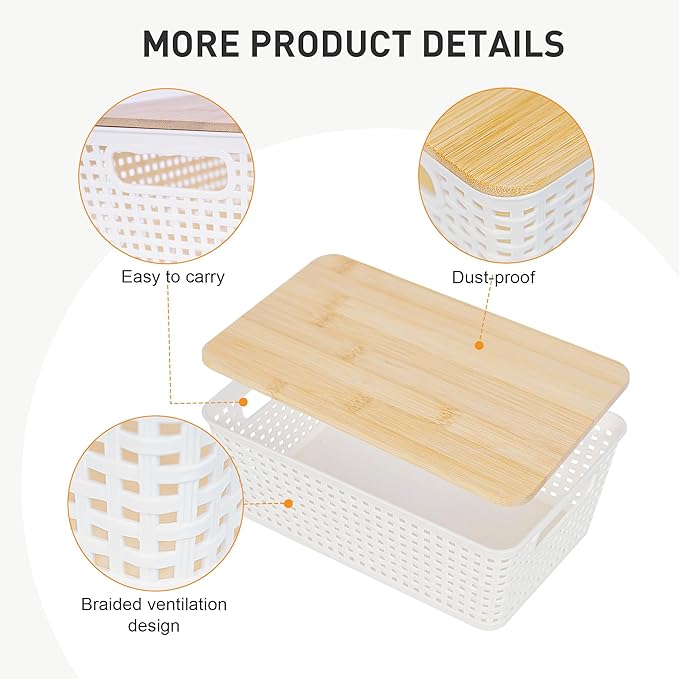Small Storage Bins with Lids 6 Packs, Plastic Storage Basket with Bamboo Lid - Image 4