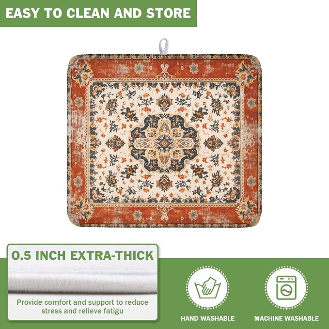 Giwawa Ethnic Boho Dish Drying Mat Rust Coral Floral Decorative Dishes Pad - Image 5