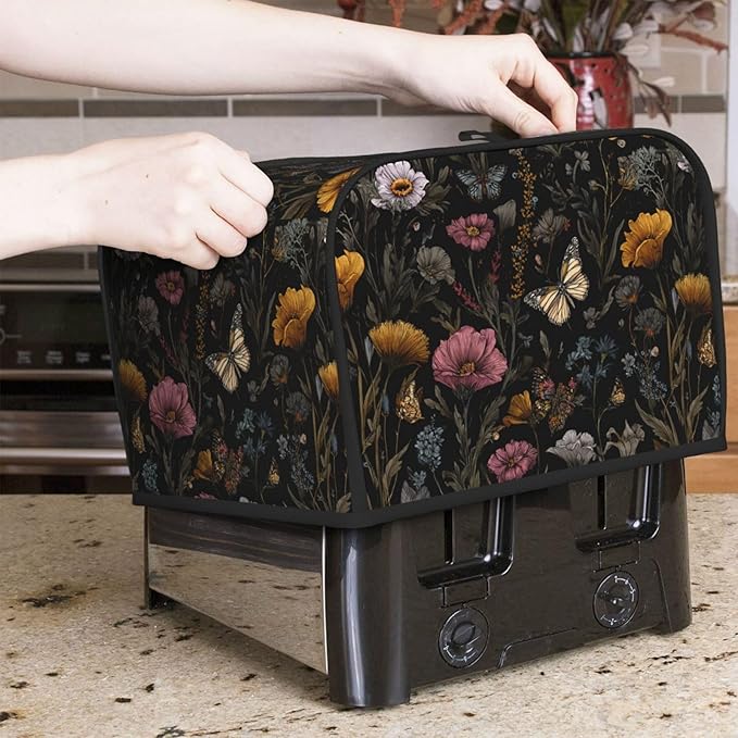 4 Slice Toaster Cover for Kitchen Flower Vintage Butterfly Botanical Waterproof Dustproof Toaster Dust Cover with Side Pockets Decorative Universal Cover for Wide Slot Toasters Small Appliances