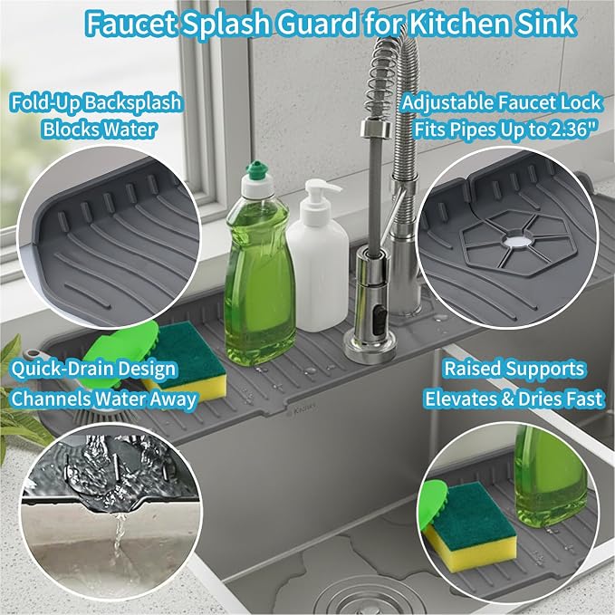 Silicone Faucet Handle Drip Catcher Drying Tray Mat Dish Soap Sponge Holder - Image 2