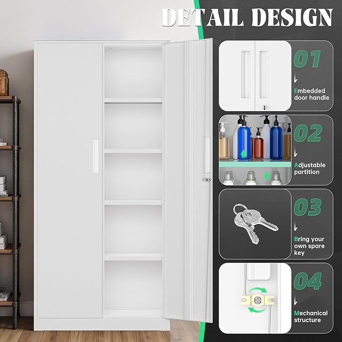 Oakmont Metal Storage Cabinet for Tool Organization, 72" Lockable Garage Storage Cabinets with 2 Doors and 4 Adjustable Shelves, Locking File Cabinet for Office, Home, School (72“ Standard-White)