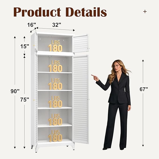 Kitchen Pantry Cabinet,90" Metal Storage Cabinet with Doors and 4 Adjustable Shelves,White Tall Locker Organizer Steel Garage Cabinets for Tool,File Cabinet for Office,Kitchen,Garage,School