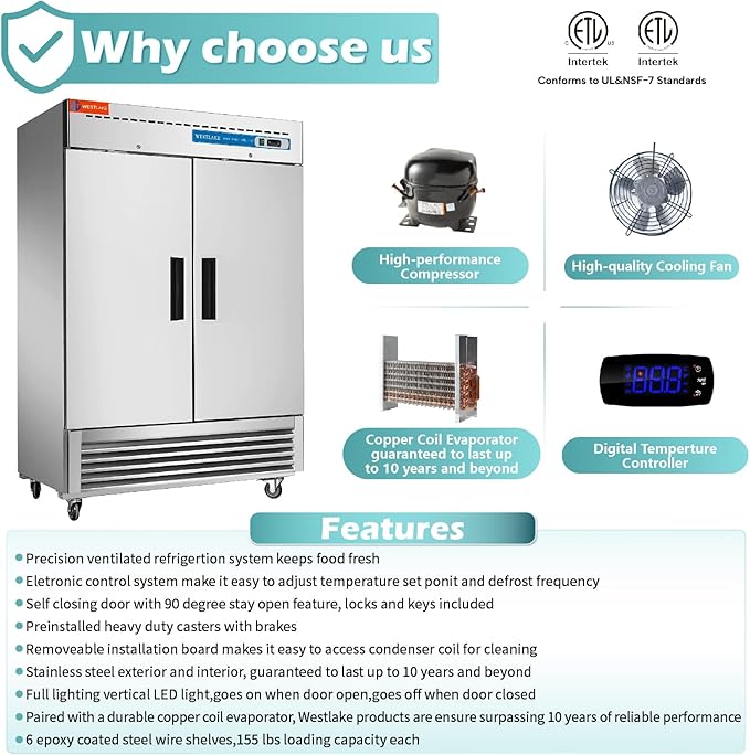 WESTLAKE Commercial Refrigerator 54" W 49 Cu.ft Stainless Steel Reach in Solid door Upright Fan Cooling 2 door 2 Section Cooler for Restuarant, Bar, Shop, etc