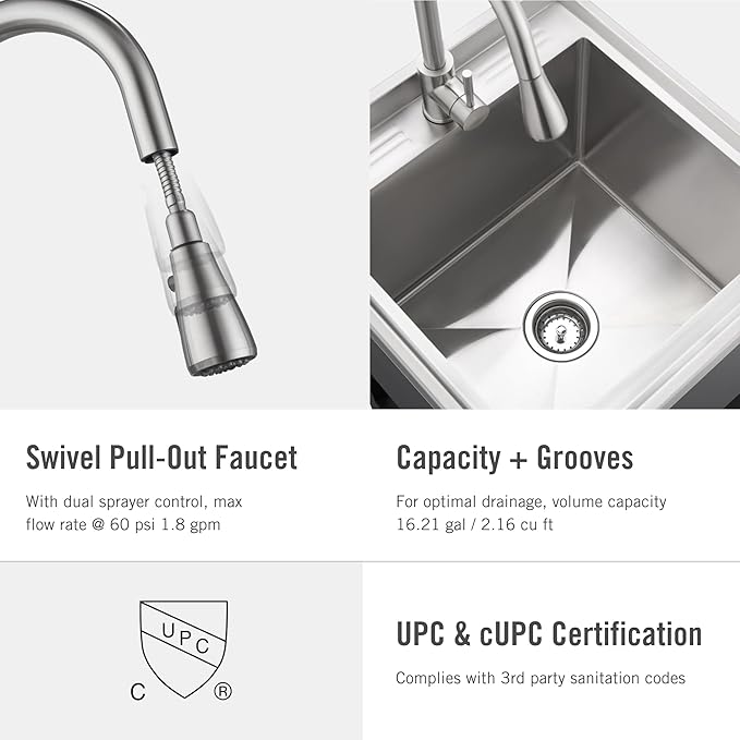 TRINITY Stainless Steel Freestanding Single Bowl Utility Sink for Garage, Laundry Room, and Commercial Use, Includes Pull-Out Faucet, NSF, UPC and cUPC Certified, 21.5" x 22" x 49.2", Black