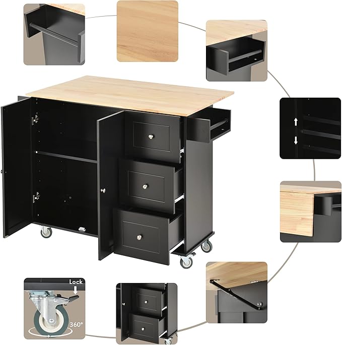 Favfurish 52.7" Rolling Mobile Kitchen Island Cart with Drop Leaf Wood Top, Adjustable Shelves Coffee Bar Trolley on Lockable Casters & Storage Cabinet & 3 Drawers for Dining Room, Black