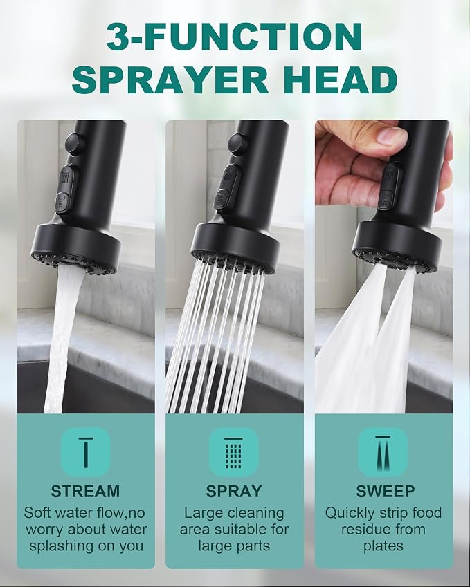 Black Kitchen Faucet with Soap Dispenser: 3-Function Kitchen Faucet with Pull - Image 6