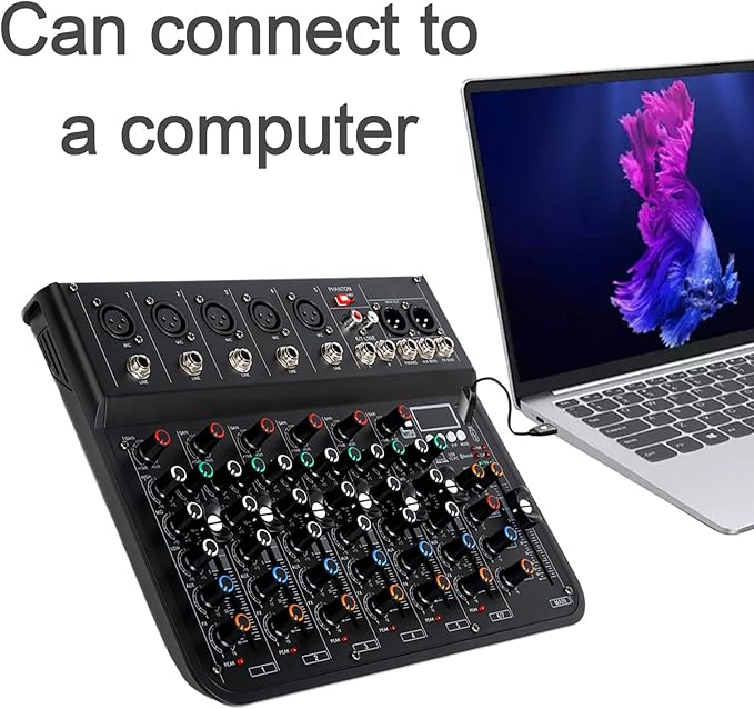 7 Channel mixer, DJ Mixer Board, Audio Sound Card with Interface Recording and 48V Phantom Power, Sounds Mixer Board with FX Reverb Delay Effect for Streaming