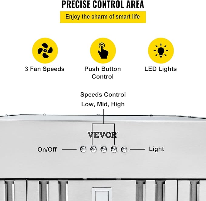 VEVOR Insert Range Hood, 800CFM 3-Speed, 36 Inch Stainless Steel Built-in Kitchen Vent with Push Button Control LED Lights Baffle Filters, Ducted/Ductless Convertible, ETL Listed…