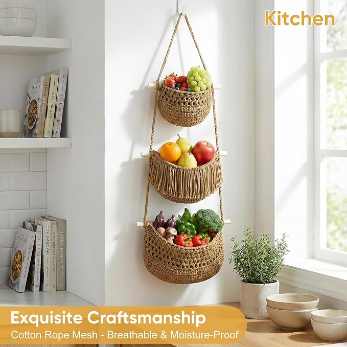 Macrame 3-Tier Hanging Wall Basket, Handwoven Jute Storage Organizer, Boho Decor - Image 3