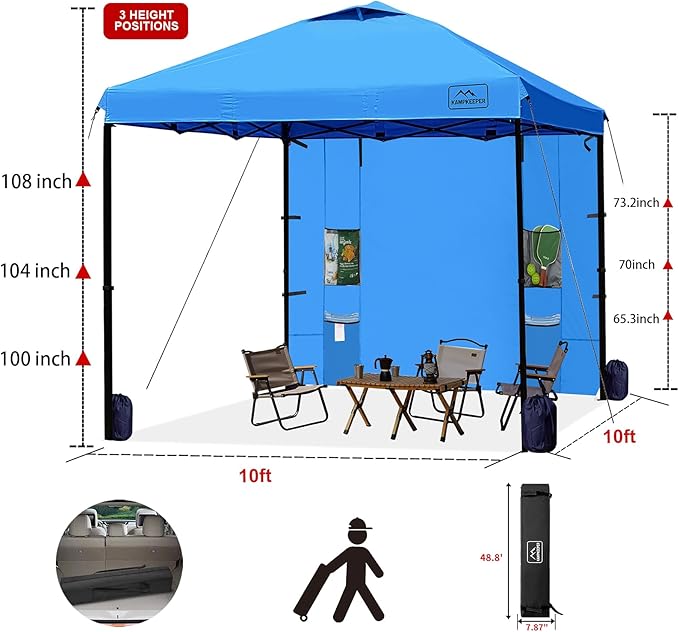 KAMPKEEPER 10x10 Easy Pop Up Canopy Tent with Sidewalls, Instant Outdoor Shade Shelter with Removable 10FT Sun Walls, Quick Setup Waterproof and UV-Resistant for Patio (Light Blue, 1 sidewall)