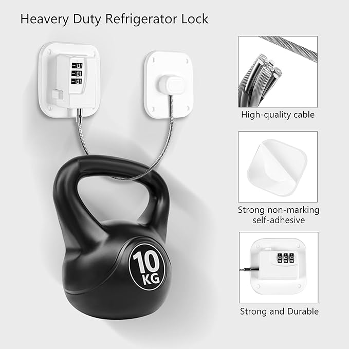 Refrigerator Lock, Heavy Duty Fridge Lock, Combination Lock for Refrigerator Cabinets, Drawers, Safety, Easy Install No Keys Needed (White-1Pack)
