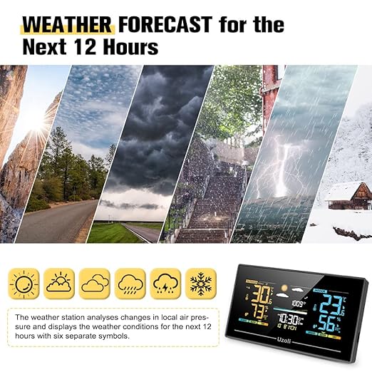 Uzoli EM3405 Weather Station Indoor Outdoor Wireless Thermometer Hygrometer, Temperature Humidity Monitor with Remote Sensor, Digital Weather Forecast Station for Home Use