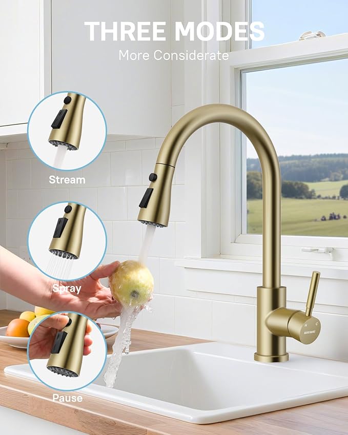 WEWE Kitchen Faucet with Pull Down Sprayer and Soap Dispenser, Stainless Steel Kitchen Sink Faucets, 3-Mode High Arc Single Handle Faucet for RV Farmhouse, Gold