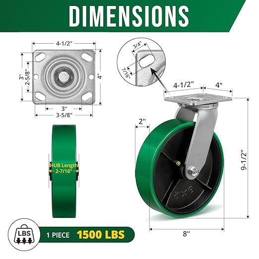 8" Heavy Duty Casters, Casters Set of 4 Total Capacity 6000 lbs- Polyurethane on Steel Wheel, Industrial Casters for Carts Pallet Trucks(4 Pack Swivel)