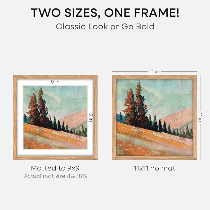 Homeforia 11x11 Picture Frame Wood, High-End Natural Oak 11 x 11 Thin Square Poster Frames with Mat 9 by 9 inch Photo, 11by11 Light Wooden Frame Matted to 9x9 Print, Tempered Glass, Wall Kit, Set of 3