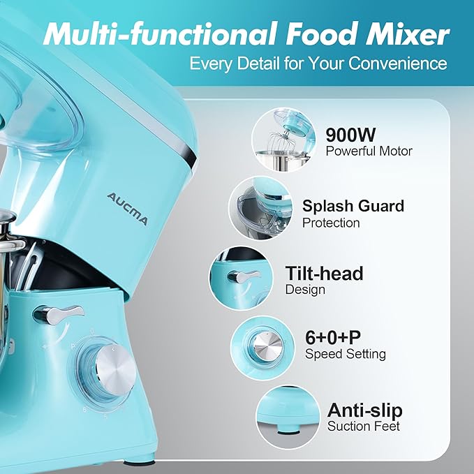 Aucma Stand Mixer, 8QT 900W 6-Speed Tilt-Head Food Mixer, Kitchen Electric Mixer with Dough Hook, Wire Whip & Beater (Blue, 8QT)