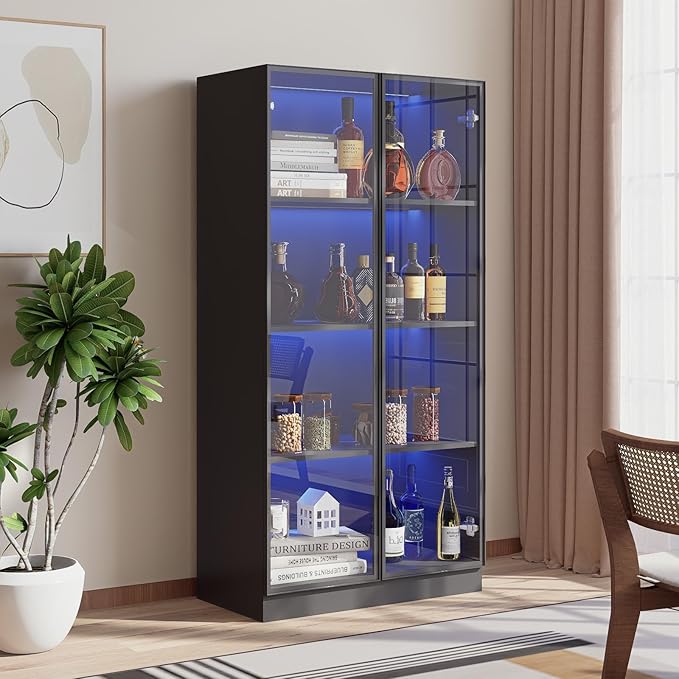 Glass Display Cabinet with LED Lights Set of 2, Display Case Bookcase with 4-Tier Shelves, Curio Cabinet with 2 Glass Doors, Storage Cabinet for Collectibles, Living Room